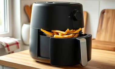 Czarny air fryer z wysuniętym koszem pełnym frytek na drewnianym blacie kuchennym