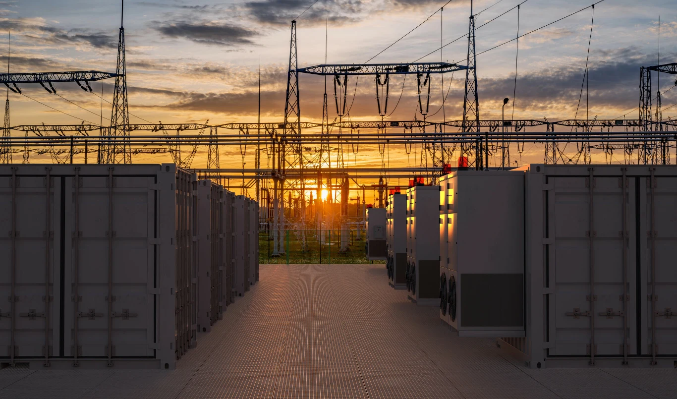 Kontenery przemysłowe ustawione równolegle na utwardzonej nawierzchni z infrastrukturą energetyczną i siecią przewodów wysokiego napięcia na tle zachodzącego słońca.