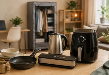 Air fryer i czajnik na kuchennym blacie obok kartonu z zamówieniem — zakupy w Biedronka Home