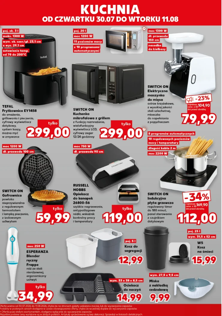 Oferta sprzętów kuchennych obejmująca frytkownicę beztłuszczową, kuchenkę mikrofalową z grillem, elektryczną maszynkę do mielenia mięsa, gofrownicę, opiekacz, indukcyjną płytę grzewczą oraz akcesoria takie jak blender, kosze na odpadki, krajalnicę i su...