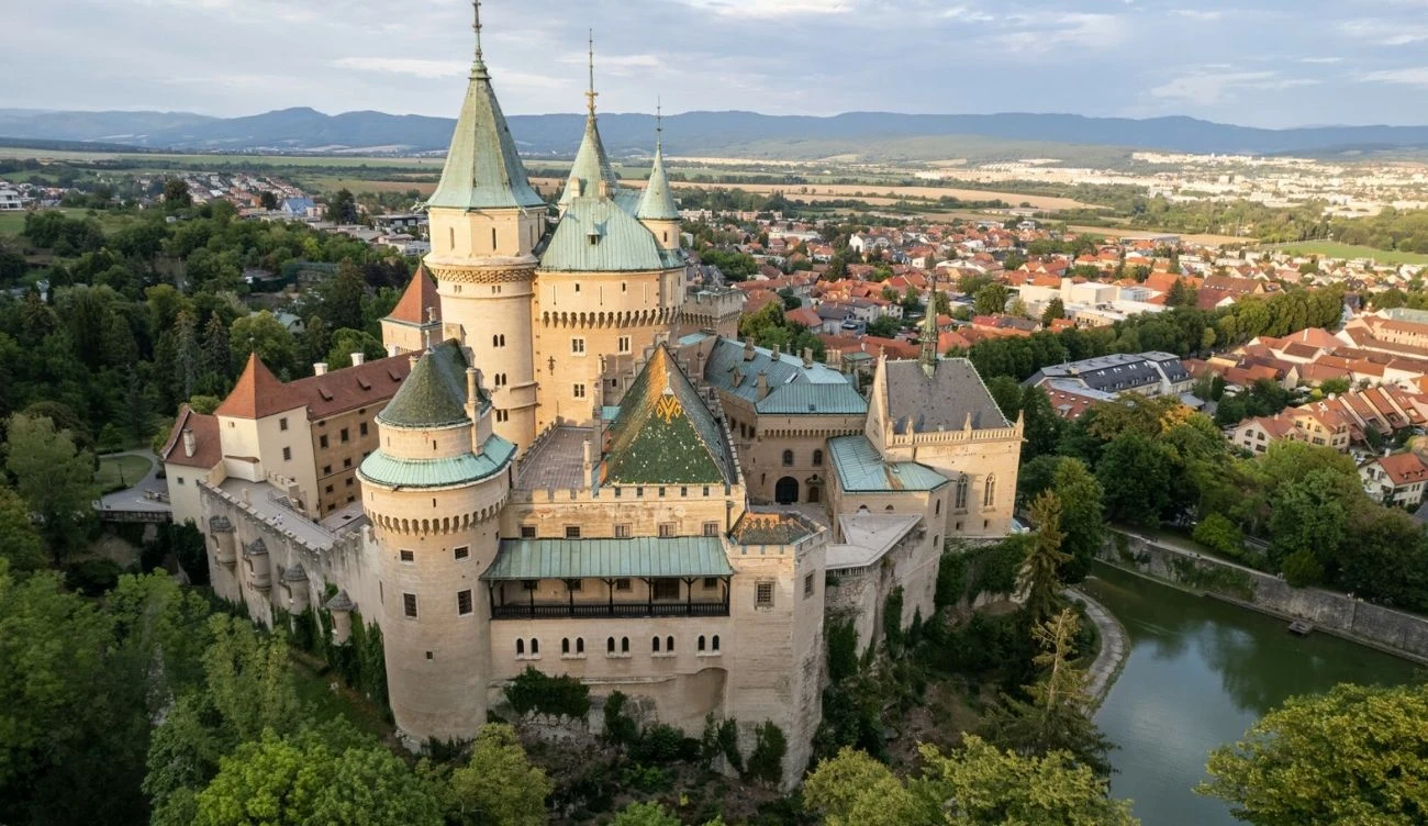 Zamek Bojnice jest turystyczną wizytówką Słowacji Zamek w Bojnicach z wieżami i zielonymi dachami, otoczony murami, drzewami i jeziorem, w tle zabudowa miejska.