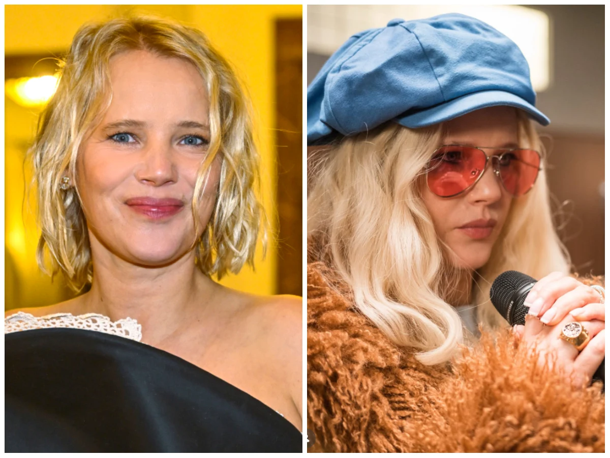 Joanna Kulig, fot. https://www.instagram.com/joannakulig_official/ Po lewej stronie ujęcie kobiety z krótkimi, blond włosami i delikatnym uśmiechem, ubranej elegancko, a po prawej kobieta o tej samej fryzurze w artystycznej stylizacji – duże różowe okulary przeciwsłoneczne, niebieska czapka z daszkiem, mikrofon w dłon...