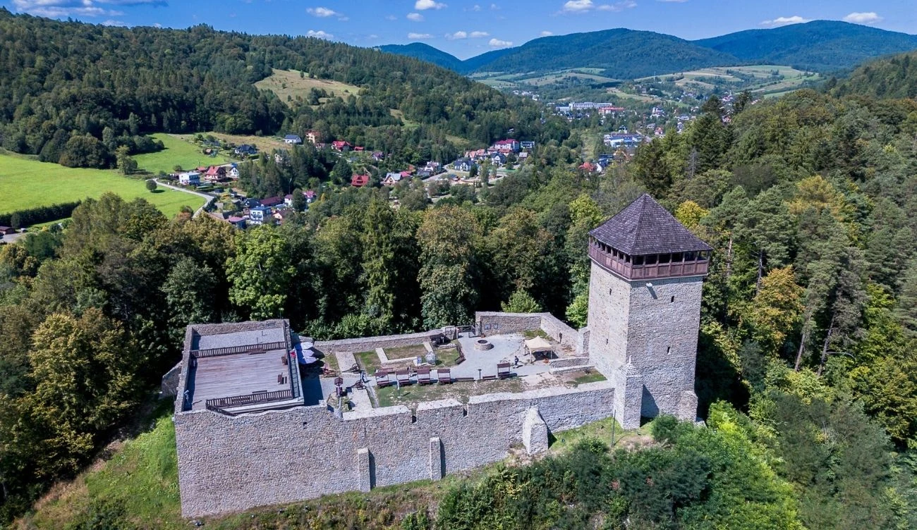 Panorama okolic Muszyny z widokiem na zamek. Widok na kamienny zamek w Muszynie z wysoką wieżą, otoczony lasem, w tle górskie wzgórza i miasteczko.