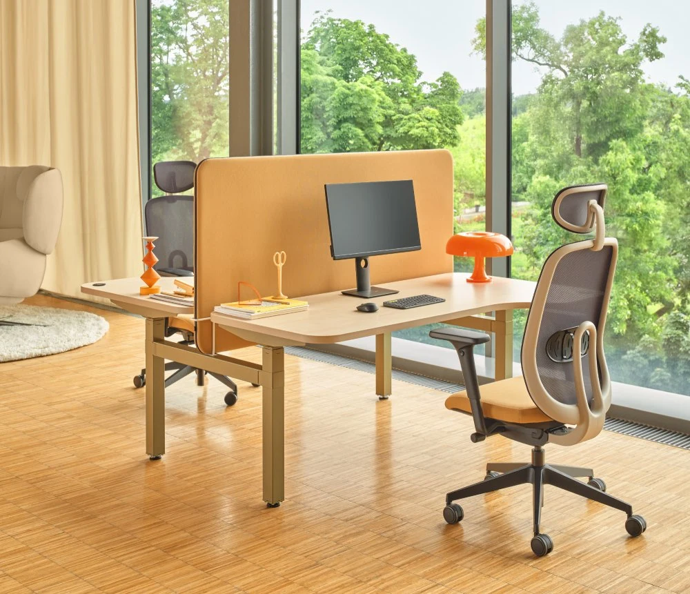 Biurko z przegrodą oddzielającą dwa stanowiska pracy, wyposażone w ergonomiczne krzesła obrotowe, monitor komputerowy, pomarańczową lampkę biurkową i minimalistyczne akcesoria, ustawione przy dużym oknie z widokiem na zieleń.