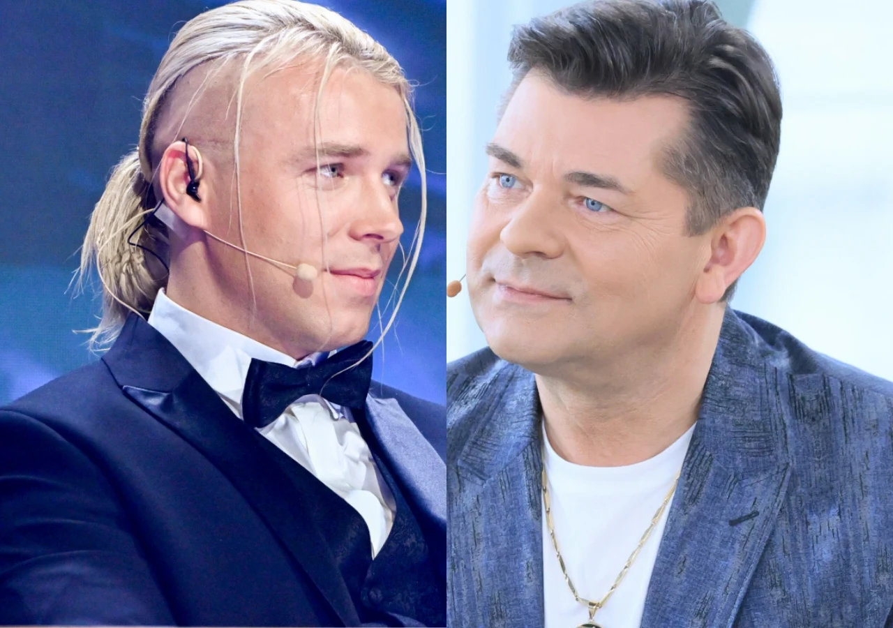 Skolim i Zenek Martyniuk Piosenkarz Skolim w garniturze i Zenon Martyniuk z zespołu Akcent w niebieskiej marynarce.