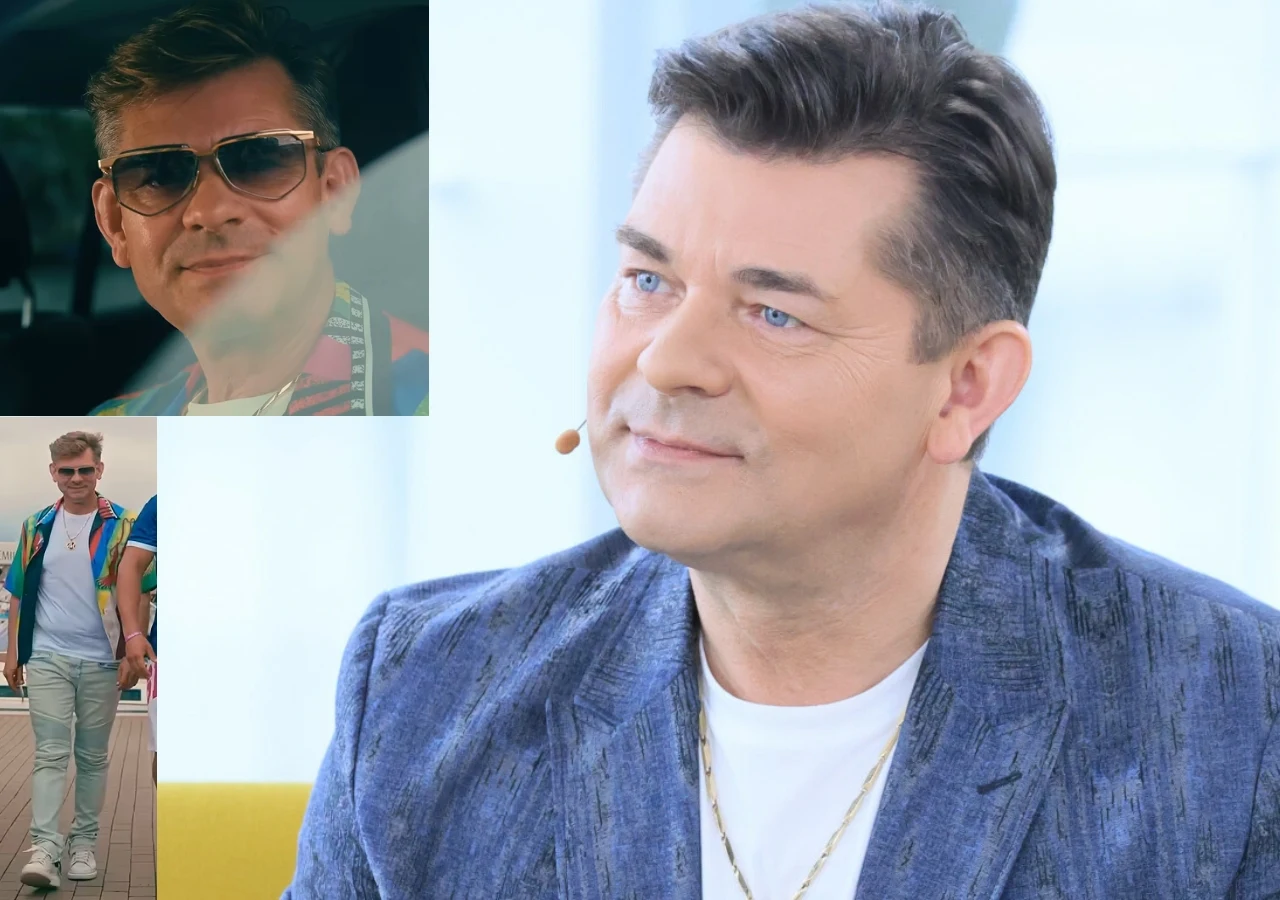 Zenon Martyniuk w 2025 roku i w 2026 w teledysku "Love" Mężczyzna w niebieskiej marynarce i białej koszulce z mikrofonem przy twarzy, w tle dwa mniejsze zdjęcia tej samej osoby – jedno w okularach przeciwsłonecznych za kierownicą, drugie podczas spaceru w kolorowej koszuli i jasnych spodniach.