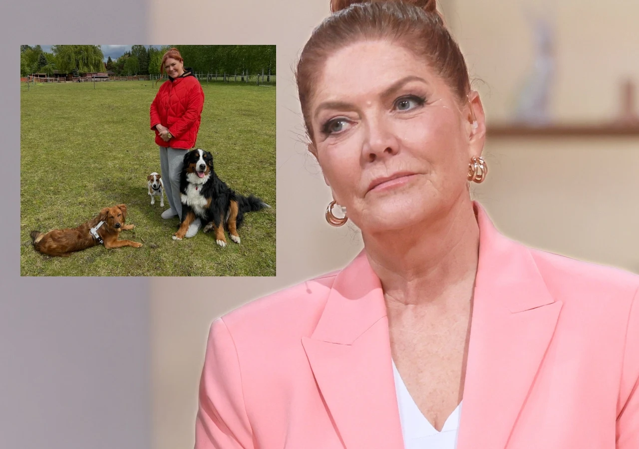 Kobieta w różowej marynarce patrząca poważnie w bok; w lewym górnym rogu widoczna kobieta w czerwonej kurtce stojąca na trawie z trzema psami, z których jeden leży, a dwa siedzą.
