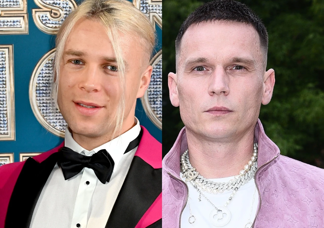 Skolim i Bart Pniewski Muzyk Skolim (Konrad Skolimowski) w różowym garniturze i modowy influencer Bart Pniewski w biżuterii i różowej bluzie.