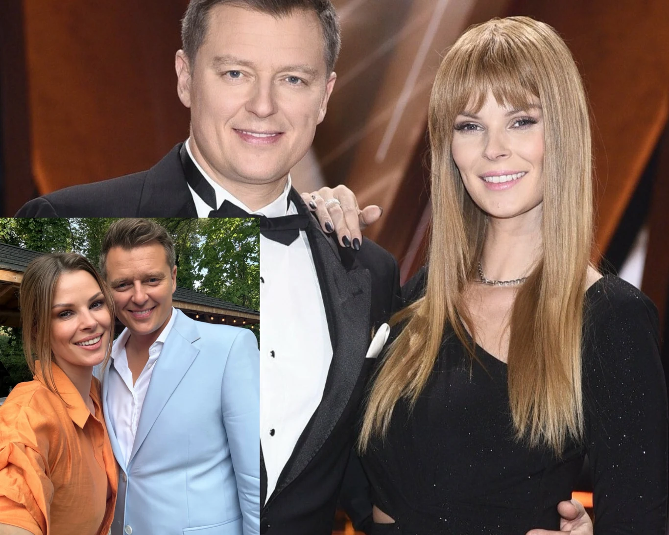 Para uśmiechniętych osób ubranych elegancko podczas uroczystego wydarzenia; w lewym dolnym rogu mniejsza fotografia tej samej pary w swobodniejszych, kolorowych stylizacjach na tle zieleni.