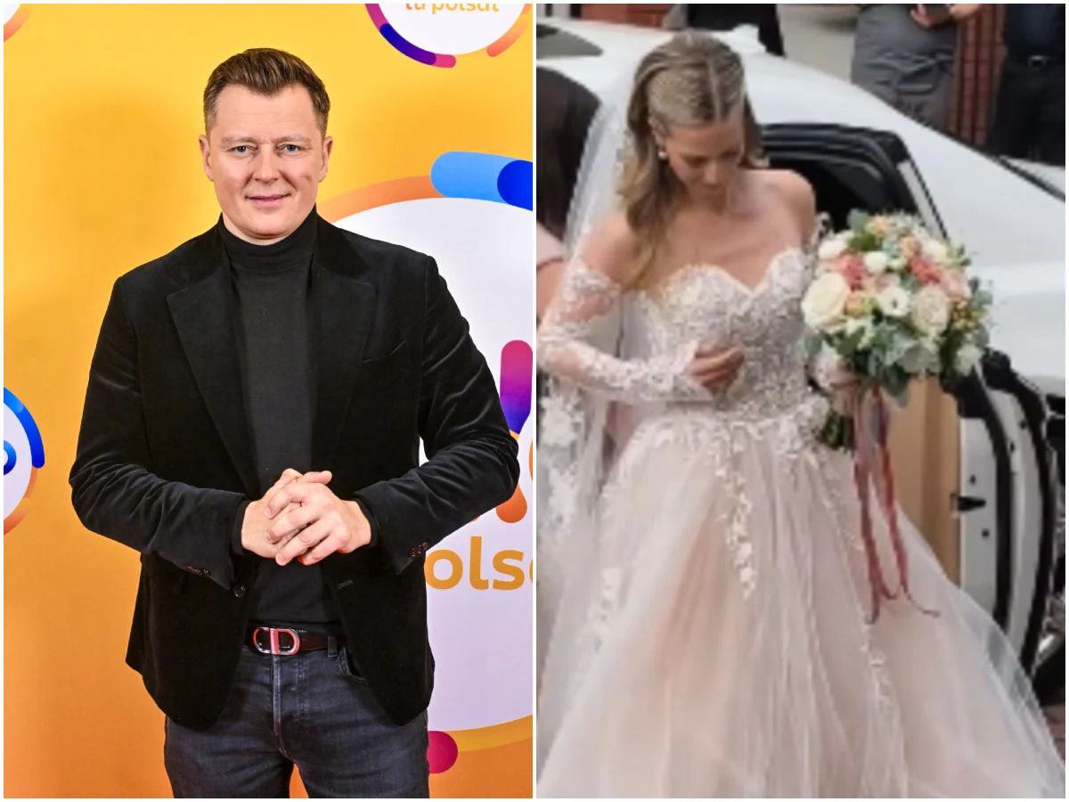 Rafał Brzozowski i jego żona Helena, fot. https://www.instagram.com/duzascena.pl/ Rafał Brzozowski i Helena w dniu ślubu: panna młoda w sukni z tiulu wychodzi z samochodu, a piosenkarz pozuje obok.