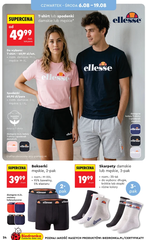 Kobieta i mężczyzna ubrani w sportowe ubrania marki Ellesse, prezentują t-shirty oraz szorty w pastelowych i ciemnych kolorach; niżej produkty: bokserki oraz skarpetki w różnych wariantach kolorystycznych.