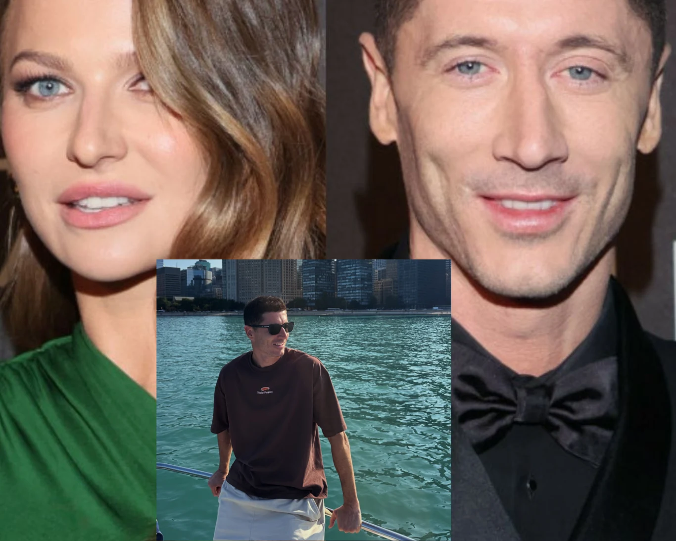 Robert Lewandowski i Anna Lewandowska Zbliżenia dwóch elegancko ubranych osób z uśmiechami oraz mężczyzna w okularach przeciwsłonecznych stojący na tle wody i miejskiej zabudowy.