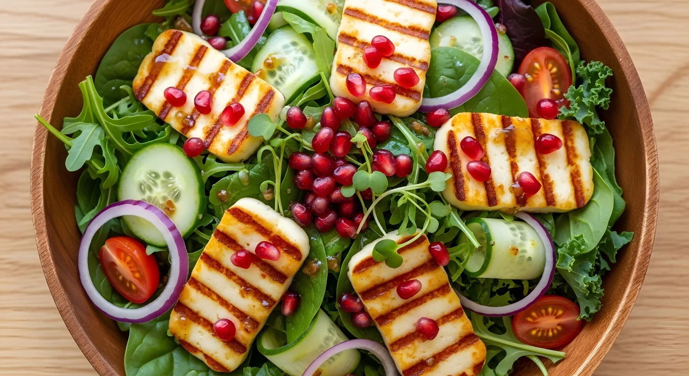 Seniorzy powinni jeść go częściej. Wzmacnia kości i dostarcza dużo białka Grillowany ser halloumi podany w misce z warzywami i świeżymi ziołami na talerzu.