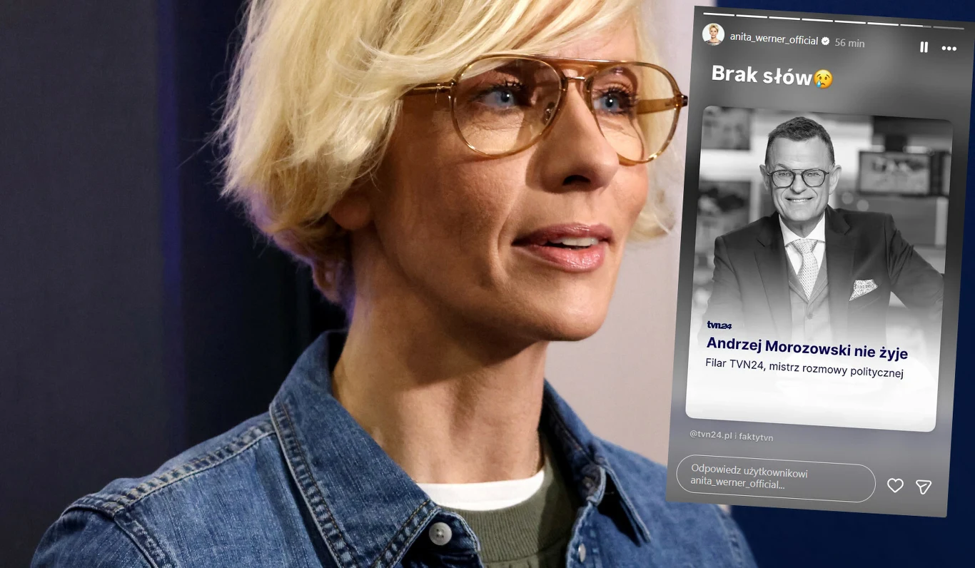 Anita Werner pożegnała Andrzeja Morozowskiego /https://www.instagram.com/anita_werner_official/ Kobieta w okularach i dżinsowej kurtce w centrum kadru, obok ekranu telefonu z opublikowaną w mediach społecznościowych informacją o śmierci Andrzeja Morozowskiego oraz jego czarno-białym zdjęciem.