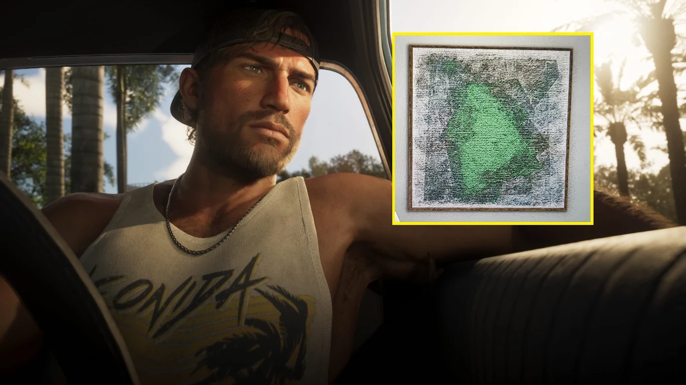 GTA 6 Mężczyzna w czapce siedzi w samochodzie, ma na sobie podkoszulek z napisem 'Leonida', obok ramka z zieloną mapą.