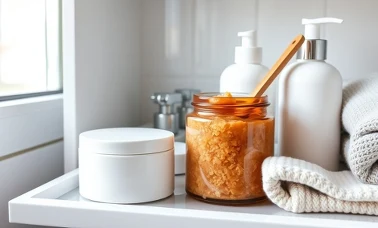 Peeling cukrowy w słoiku i kosmetyki nawilżające na łazienkowej półce — pielęgnacja po lecie