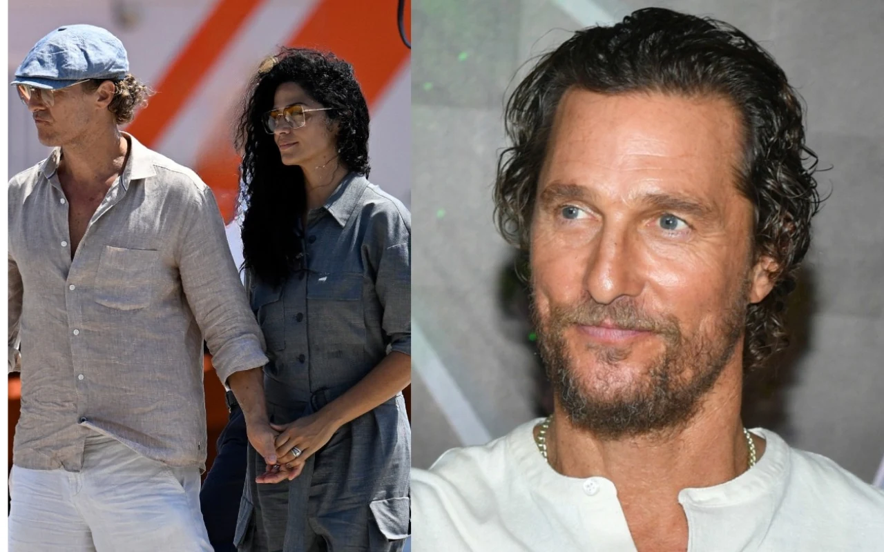 Matthew Mcconaughey z żoną Kamilą Matthew McConaughey i Camila Alves trzymają się za ręce; zbliżenie na twarz uśmiechniętego McConaugheya obok.