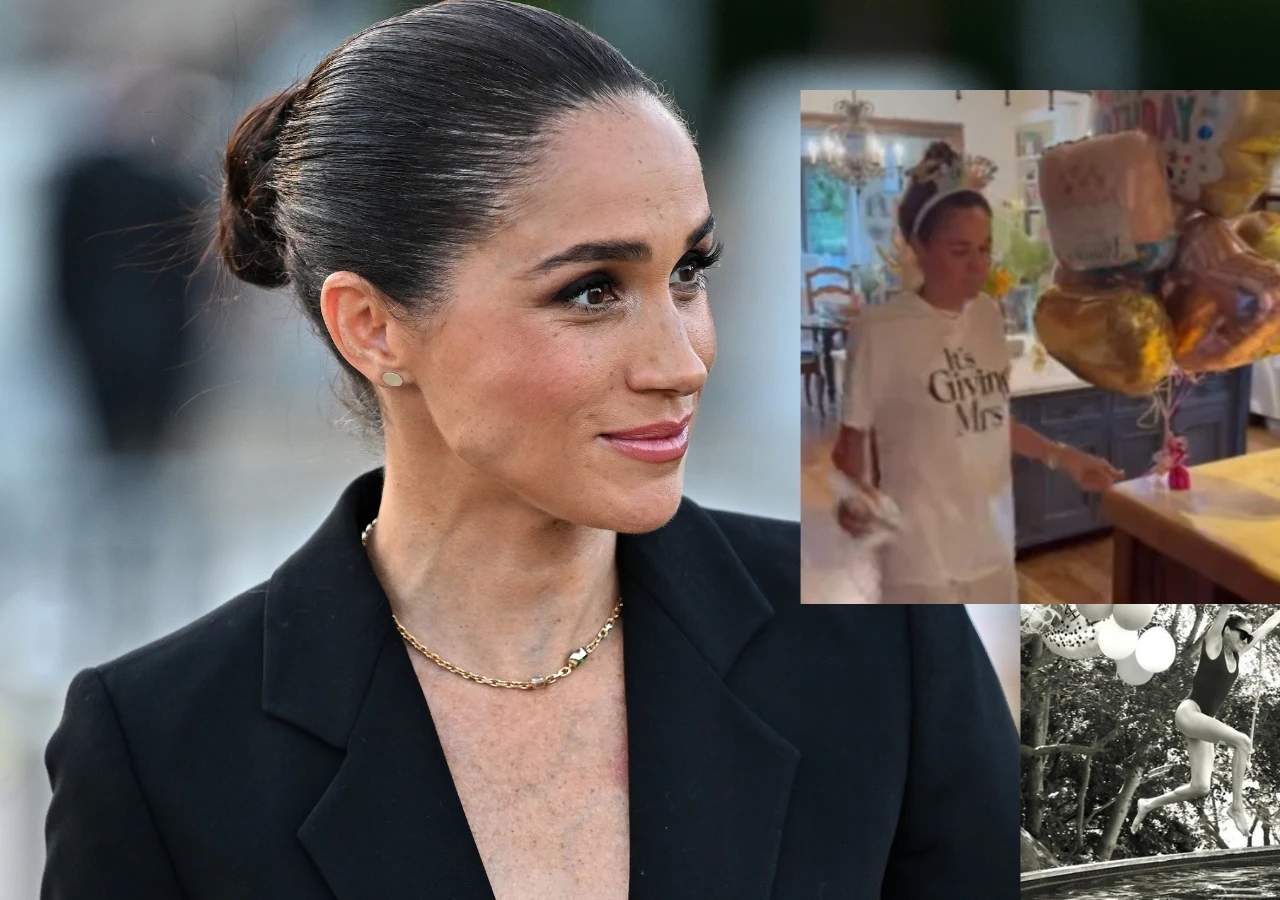 Meghan Markle świętuje 45. urodziny balonikami i skokami do basenu Kobieta w eleganckiej czarnej marynarce z gładko zaczesanymi włosami spiętymi w kok oraz złotym łańcuszkiem na szyi; w prawym górnym rogu kolaż z kobietą w białej koszulce z napisem i balonami oraz czarno-białe zdjęcie osoby skaczącej do basenu.