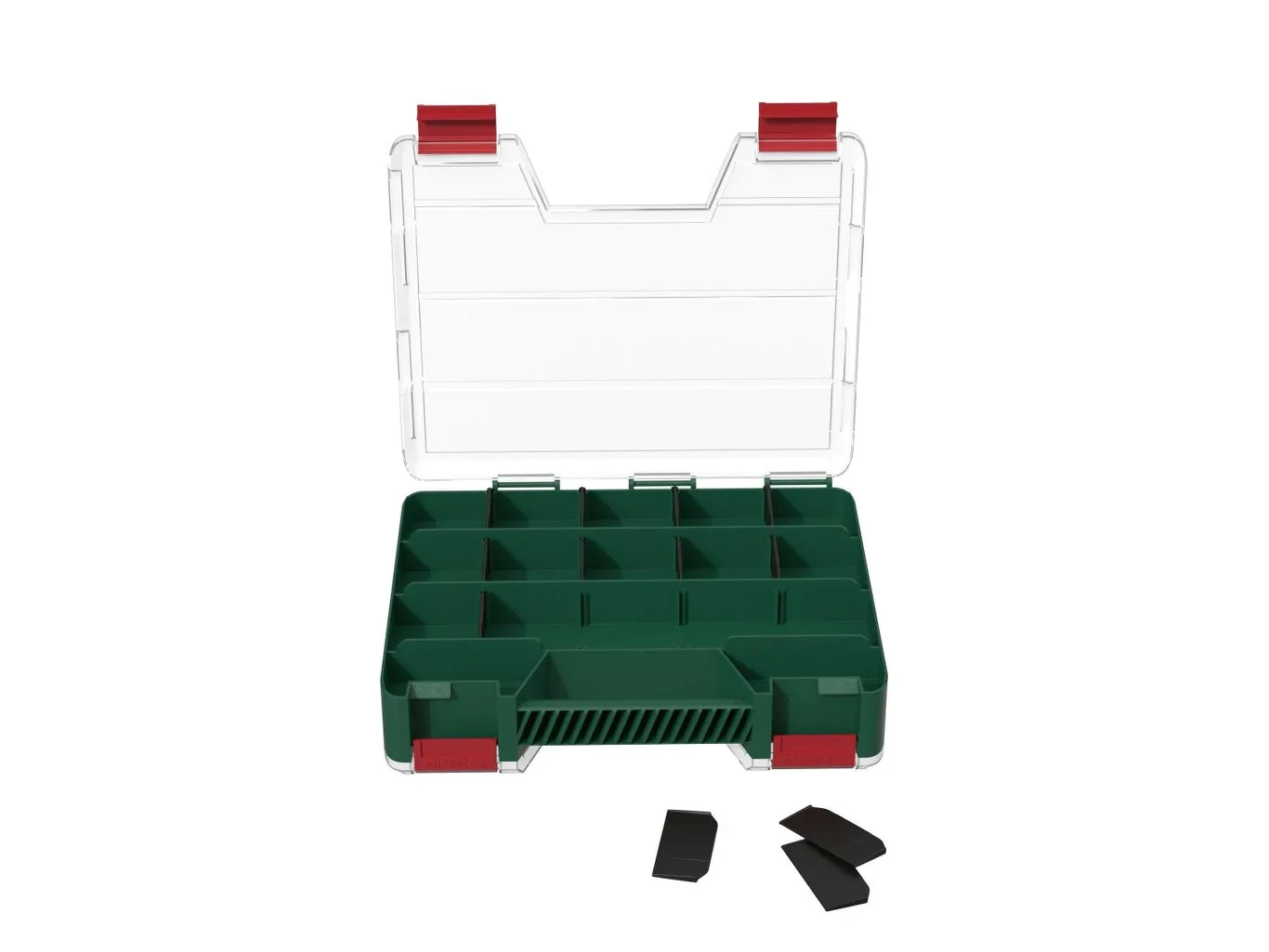 Organizer Parkside za 29,99 zł Plastikowy organizer z przezroczystą pokrywą, wyposażony w przegródki oraz czerwone zapięcia, z trzema czarnymi elementami leżącymi obok.