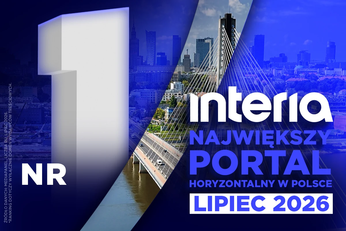 Interia od ośmiu miesięcy największym portalem horyzontalnym w Polsce Infografika z dużą białą cyfrą 1, logo Interia, hasłem "największy portal horyzontalny w Polsce", data lipiec 2026, most Świętokrzyski i panorama Warszawy w tle.