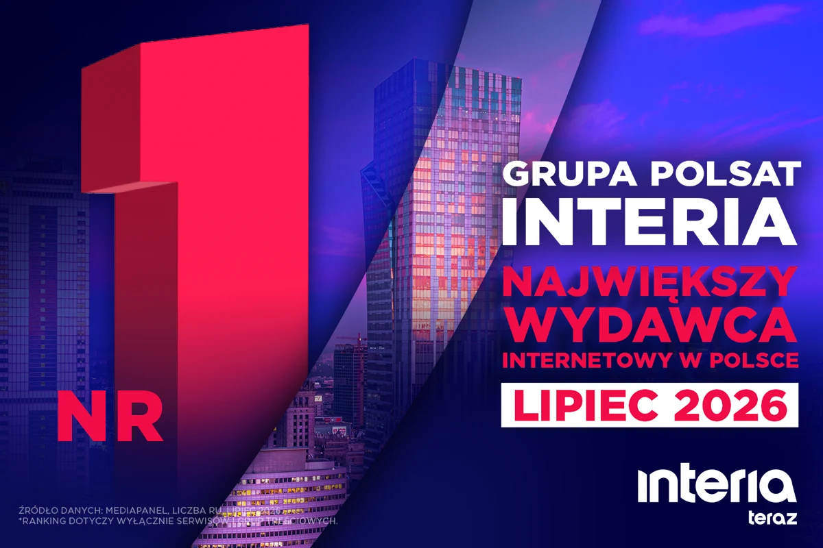 Duża czerwona jedynka na tle nowoczesnych wieżowców, wyróżnione hasła: Grupa Polsat Interia – największy wydawca internetowy w Polsce, lipiec 2026, logotyp Interii.