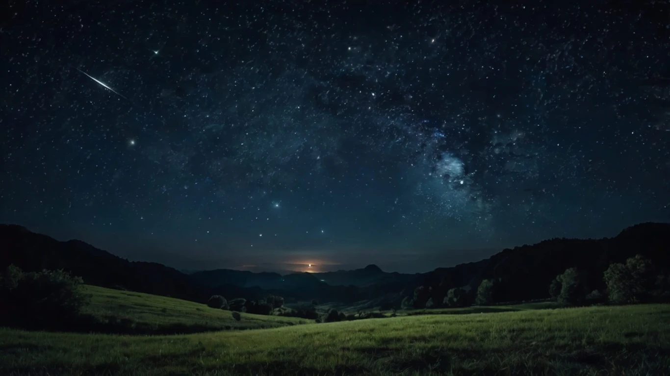 Rozgwieżdżone nocne niebo z widoczną Drogą Mleczną, jasnym meteorem oraz rozległą, spokojną polaną otoczoną sylwetkami gór i drzew.