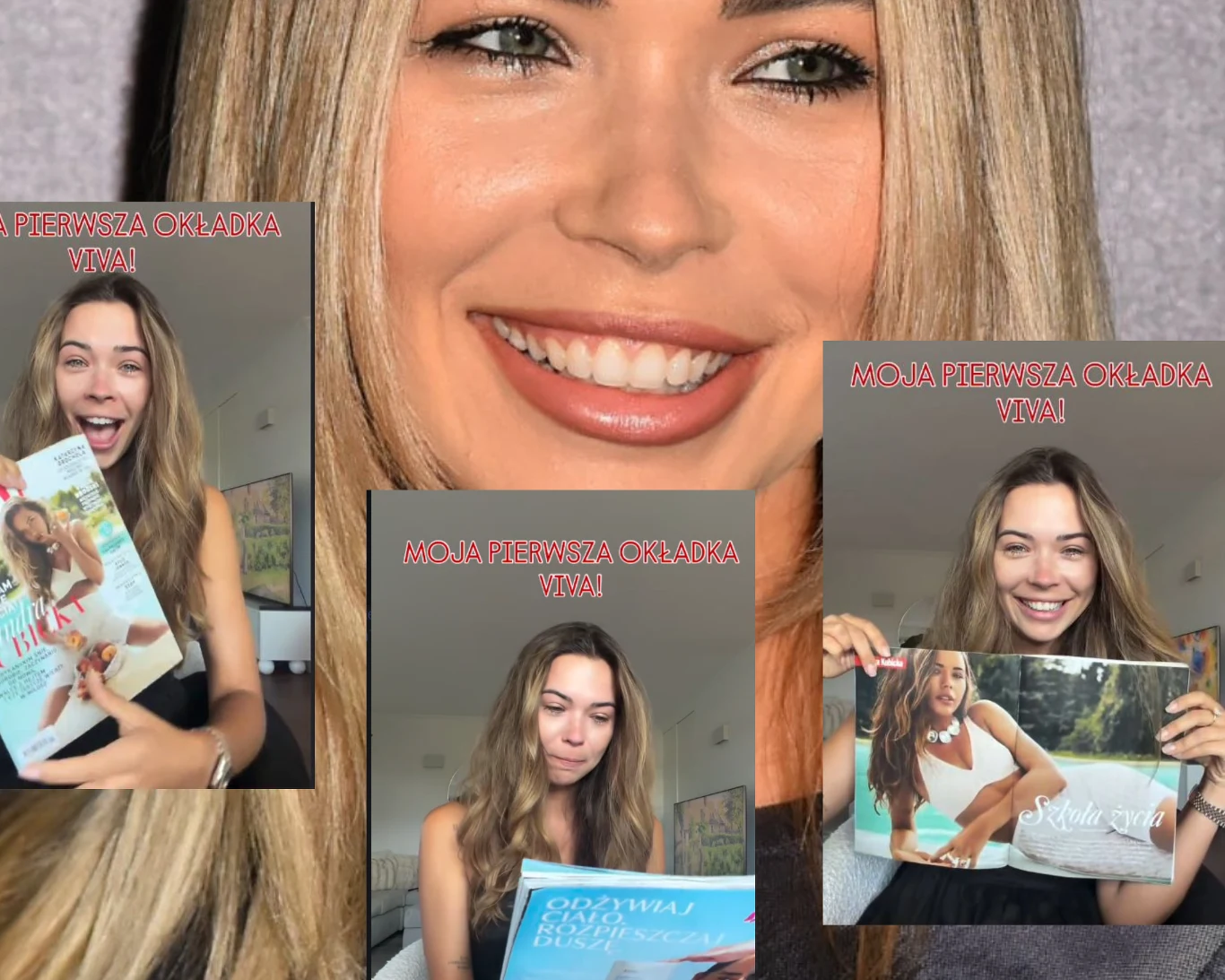 Sandra Kubicka chwali się sesją zdjęciową Uśmiechnięta kobieta z długimi, jasnymi włosami trzyma w rękach magazyn z własną okładką i prezentuje go z dumą, na każdej z mniejszych fotografii eksponując różne strony czasopisma.