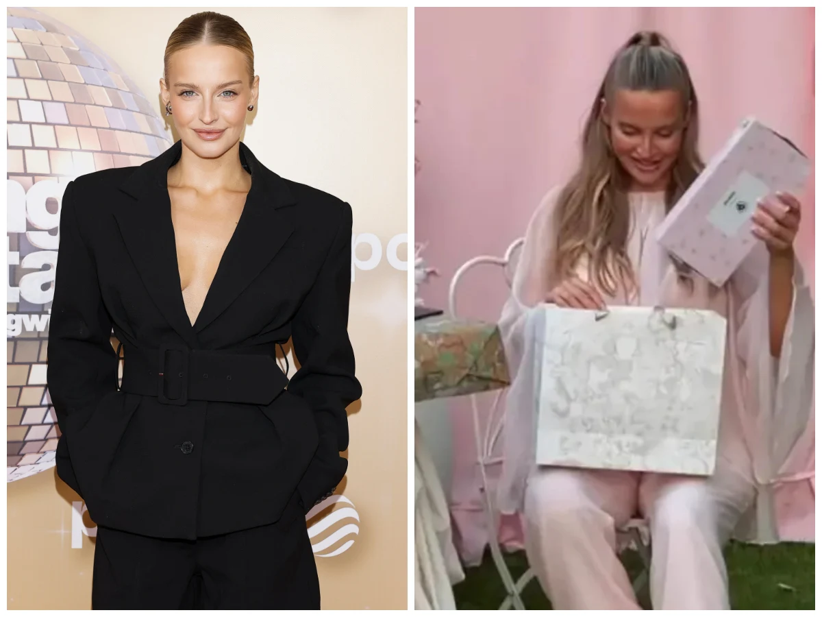 Karolina Pisarek, fot. https://www.instagram.com/karolina_pisarek/ Karolina Pisarek podczas baby shower w pastelowej scenerii, obok kobiety rozpakowującej prezent.