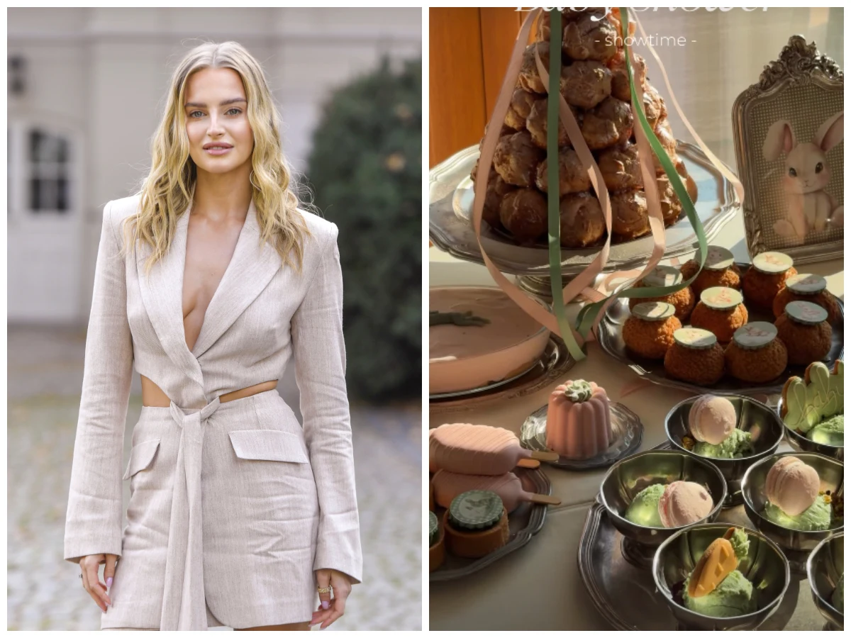 Karolina Pisarek, fot. https://www.instagram.com/karolina_pisarek/ Kobieta w eleganckim, beżowym garniturze z głębokim dekoltem oraz wybór deserów, w tym lody i słodkie wypieki ozdobione pastelowymi dekoracjami.