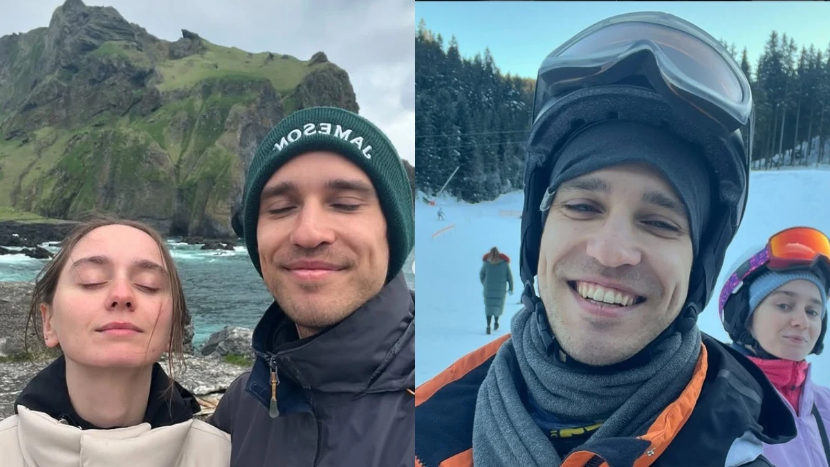 Dominik Smaruj z żoną Ulą Kobielą. Para robiąca sobie selfie, z lewej strony na tle zielonych wzgórz i oceanu, z prawej w zimowej scenerii na stoku narciarskim; kobieta i mężczyzna ubrani odpowiednio do warunków pogodowych, uśmiechnięci i zrelaksowani.