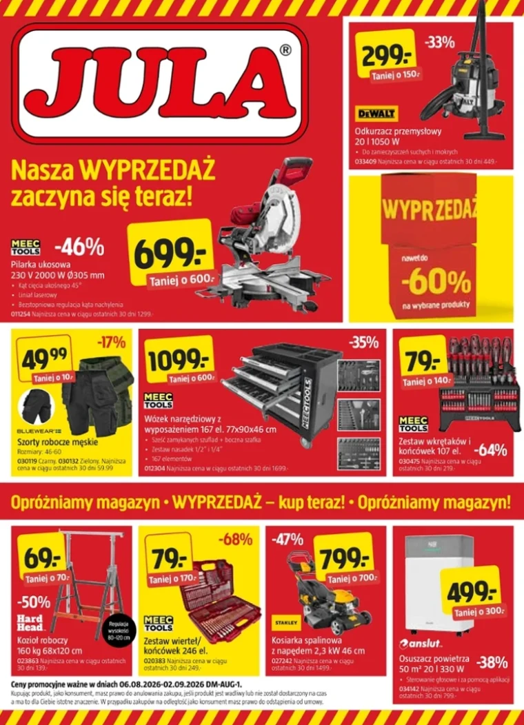 Gazetka promocyjna Jula z ofertą narzędzi i akcesoriów, w tym pilarki ukośnicy, odkurzacza przemysłowego, szafki warsztatowej, zestawu kluczy, młotka, drabiny oraz promocjami i rabatami na wybrane produkty.