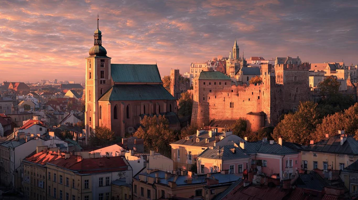 Lublin zaskakuje przystępnymi cenami i klimatycznymi zakątkami Dominująca bryła zabytkowego kościoła z wysoką wieżą oraz charakterystyczne mury obronne otoczone pastelowymi kamienicami, całość oświetlona ciepłym światłem zachodzącego słońca.