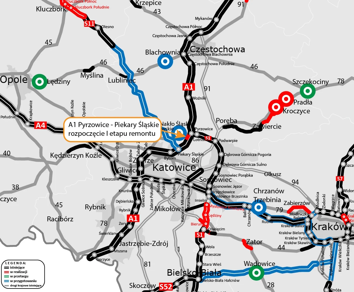 Miejsce remontu, który potrwa do końca sierpnia 2027 r. Mapa sieci drogowej w południowej Polsce z wyróżnionymi trasami autostrad i dróg ekspresowych, kolorowymi oznaczeniami remontów i odcinków budowanych oraz wyraźnie zaznaczonymi miastami Katowice, Kraków, Częstochowa i Opole.