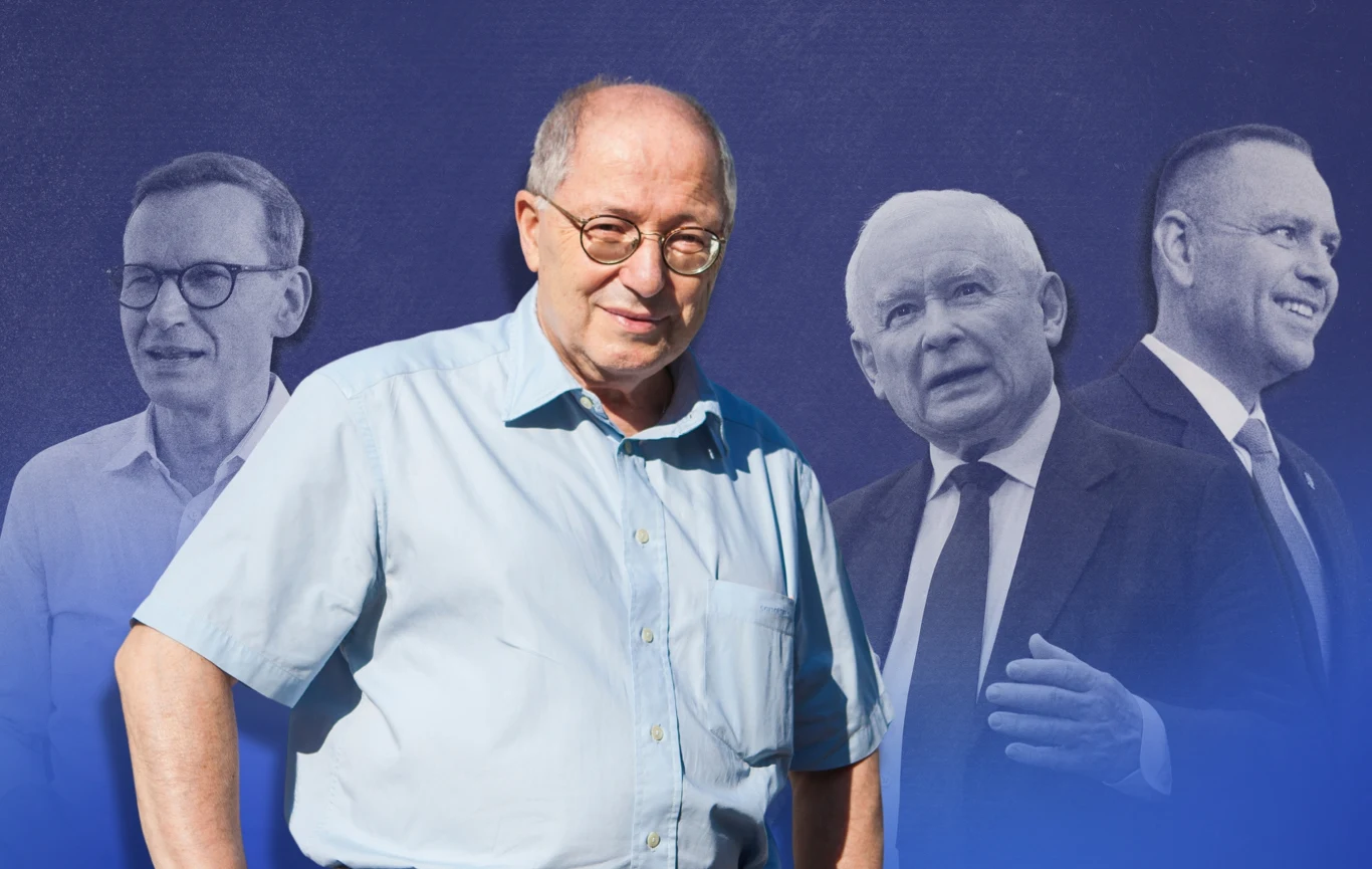 Józef Orzeł był z Jarosławem Kaczyńskim na początku lat 90. Grafika: Magdalena Piasecka Józef Orzeł w okularach i błękitnej koszuli na tle portretów trzech mężczyzn w garniturach na niebieskim tle.