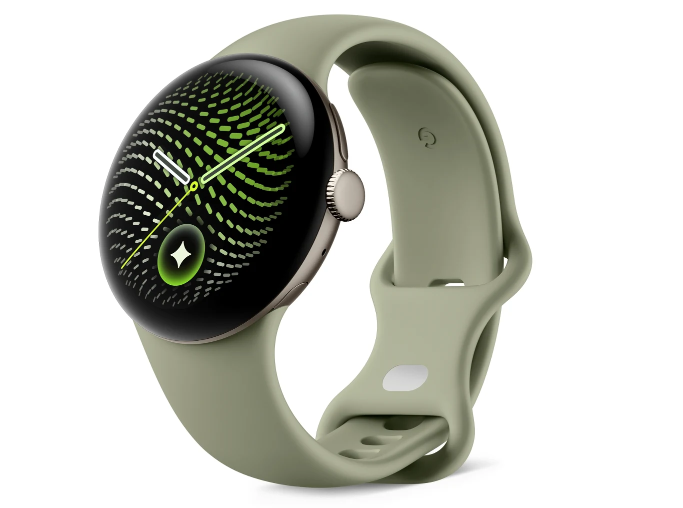 Smartwatch Google Pixel Watch 5 z paskiem w kolorze oliwkowym. Nowoczesny smartwatch z zakrzywionym szklanym wyświetlaczem, zielonym silikonowym paskiem i minimalistycznym interfejsem z geometrycznym wzorem na ekranie.
