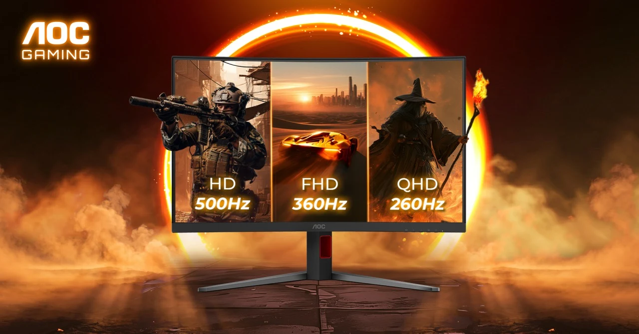 AOC GAMING CQ32G4ZA Monitor AOC GAMING CQ32G4ZA prezentujący tryby HD 500 Hz, FHD 360 Hz i QHD 260 Hz na tle neonowego okręgu.
