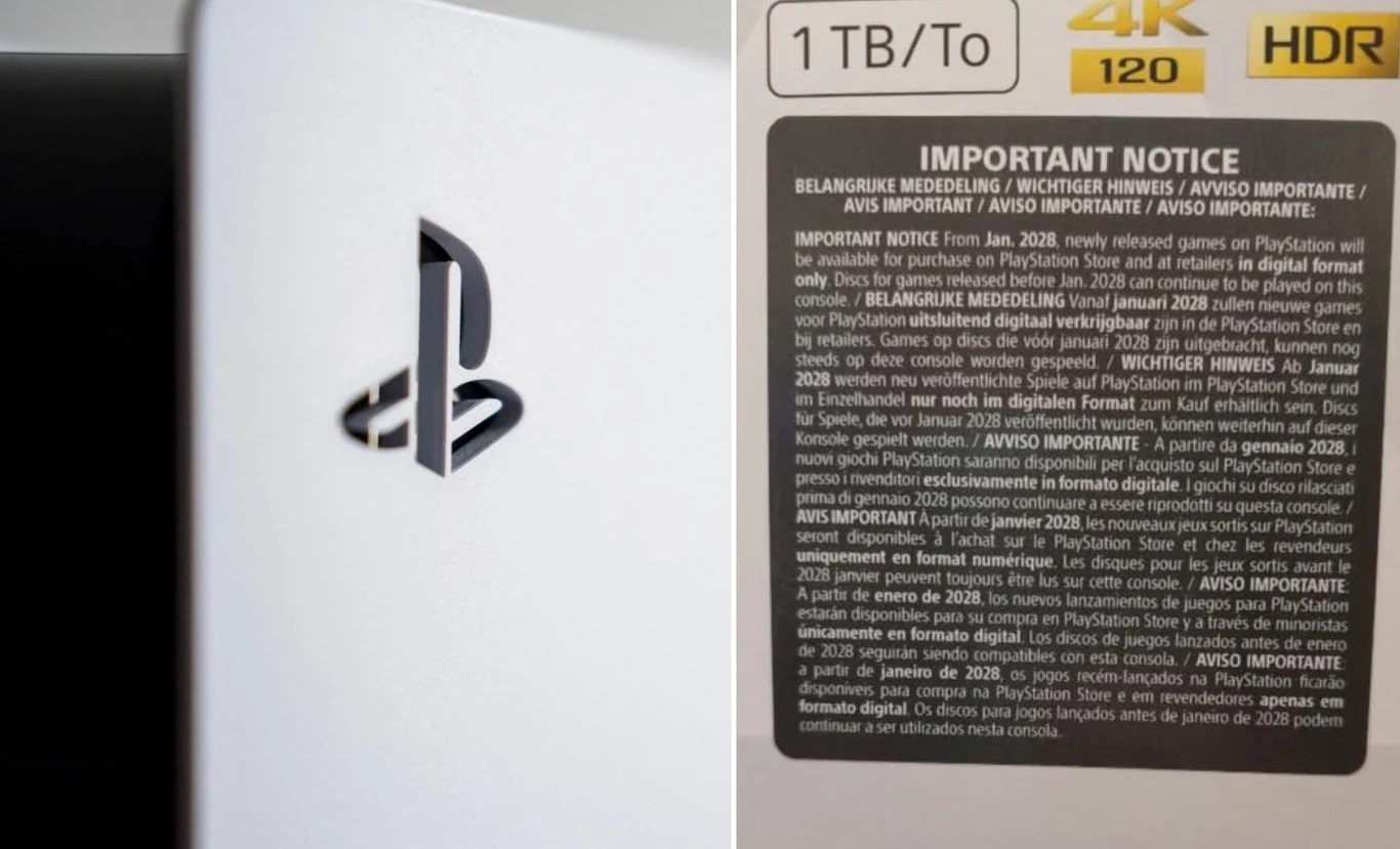 PlayStation 5 PlayStation 5 z widocznym logo, fragmentem konsoli i opakowaniem z informacjami o 1 TB, 4K, HDR i uwagami w kilku językach.
