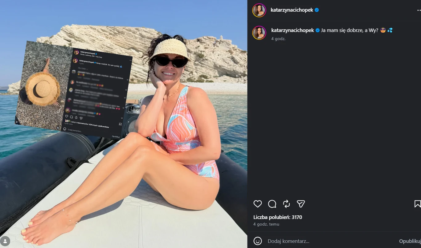 Kasia Cichopek nadaje z wakacji. Ogłosiła nowy rozdział /https://www.instagram.com/katarzynacichopek/?hl=pl Kobieta w kostiumie kąpielowym i kapeluszu z daszkiem siedzi na pontonie, uśmiechając się w stronę aparatu; w tle lazurowa woda i skaliste wybrzeże.