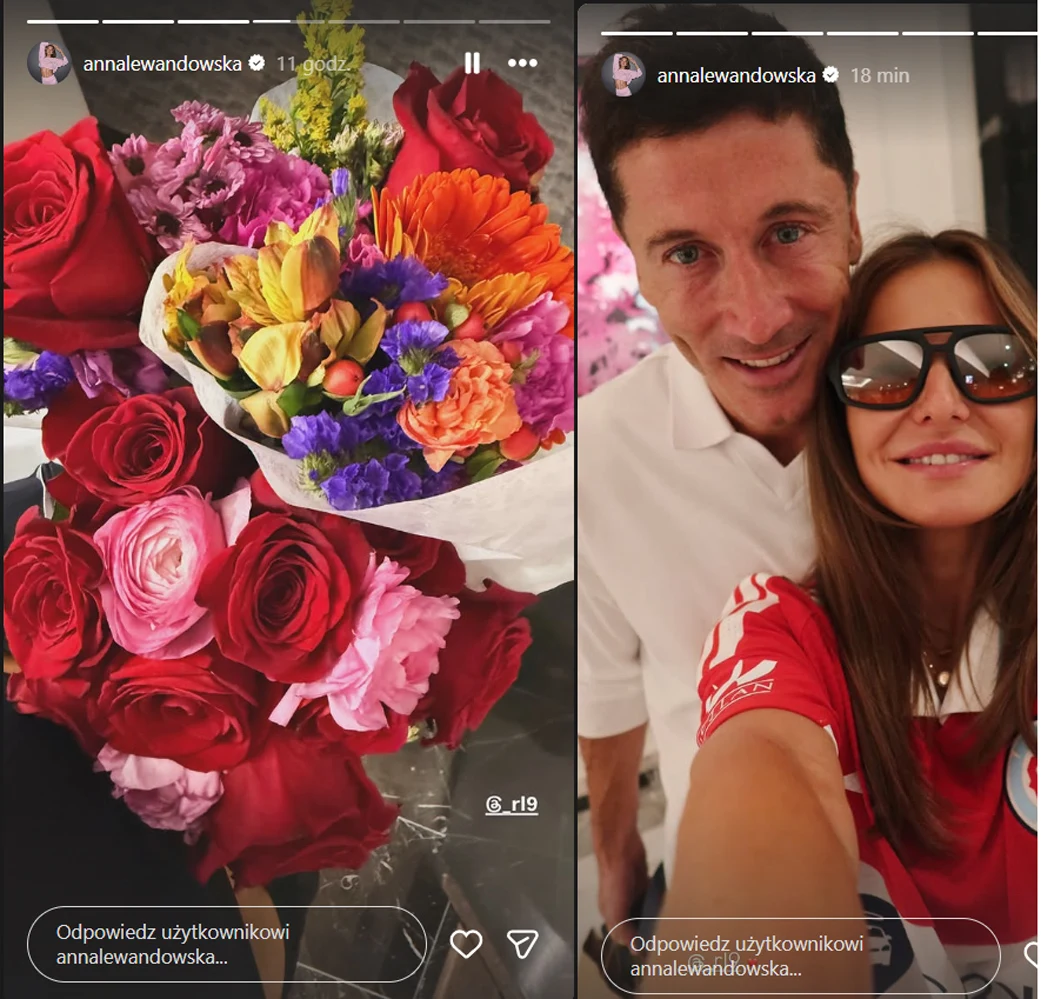 Anna Lewandowska dostała prezent od męża po przylocie do Chicago /https://www.instagram.com/annalewandowska/?hl=pl Kolorowy bukiet kwiatów z różami i gerberami oraz uśmiechnięta para robiąca wspólne selfie, kobieta w okularach przeciwsłonecznych ubrana w czerwoną koszulkę.
