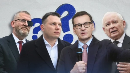 Czterech jeźdźców prawicy. Od lewej: Grzegorz Braun, Sławomir Mentzen, Mateusz Morawiecki, Jarosław Kaczyński. Grafika: Magdalena Piasecka