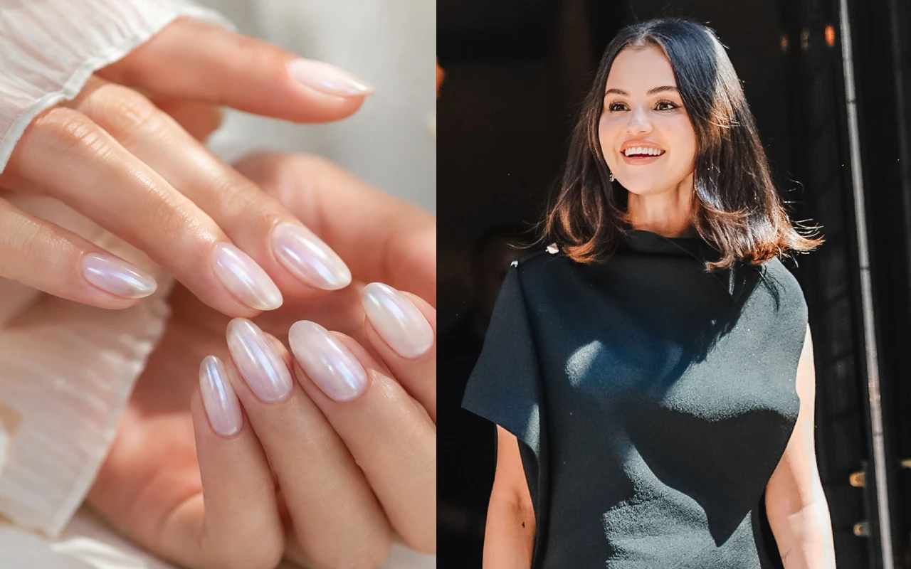Selena Gomez miała je na ślubie. Teraz ten manicure wraca do mody Zadbane, migdałowe paznokcie z perłowym połyskiem obok kobiety w czarnej sukience z krótkim rękawem.