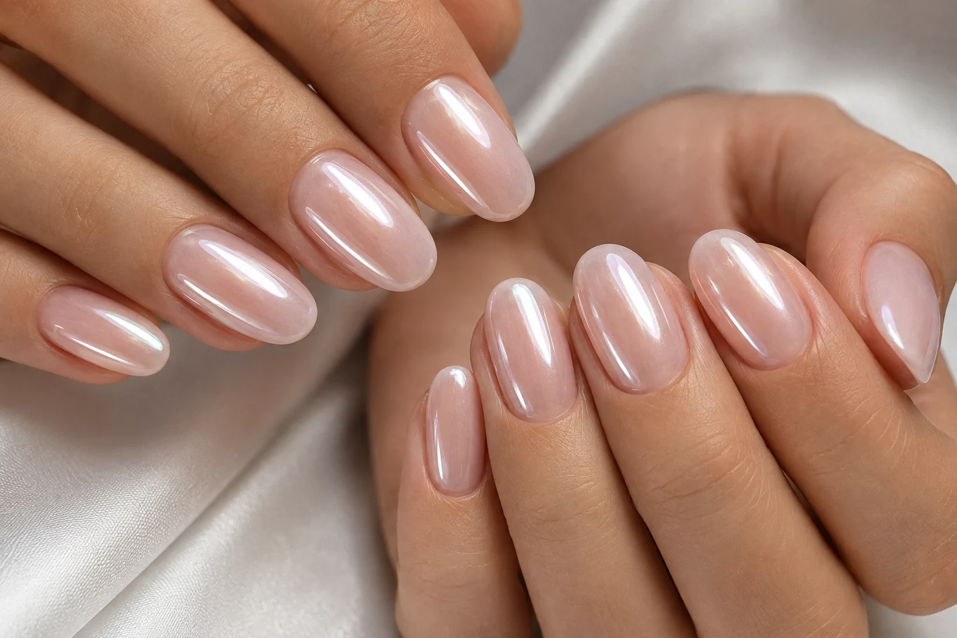 Przy glazed donut nails charakterystyczny jest mocniejszy, szklisty połysk Zadbane dłonie z paznokciami o migdałowym kształcie, pokryte błyszczącym, jasnoróżowym lakierem o efekcie perłowym.