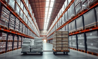 Hala hurtowni cash and carry z wysokimi regałami i wózkami platformowymi pełnymi zbiorczych opakowań 