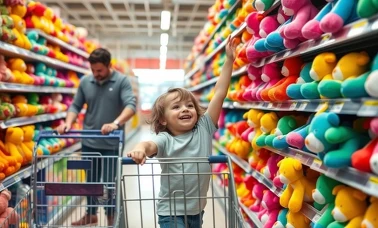 Dziecko sięgające po kolorowe pluszaki na półce w alejce zabawek supermarketu
