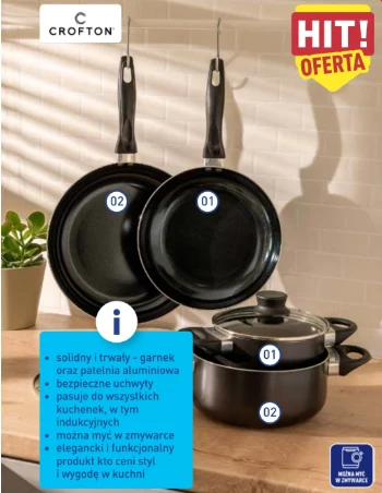czarny garnek z przezroczystą pokrywką oraz dwie aluminiowe patelnie z wygodnymi uchwytami, umieszczone na tle kuchennej ściany
