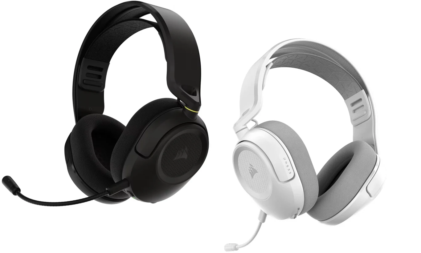 Corsair HS35 v3 Wireless Dwa zestawy słuchawkowe z mikrofonem, jeden w kolorze czarnym, drugi biało-szary, umieszczone obok siebie na białym tle.