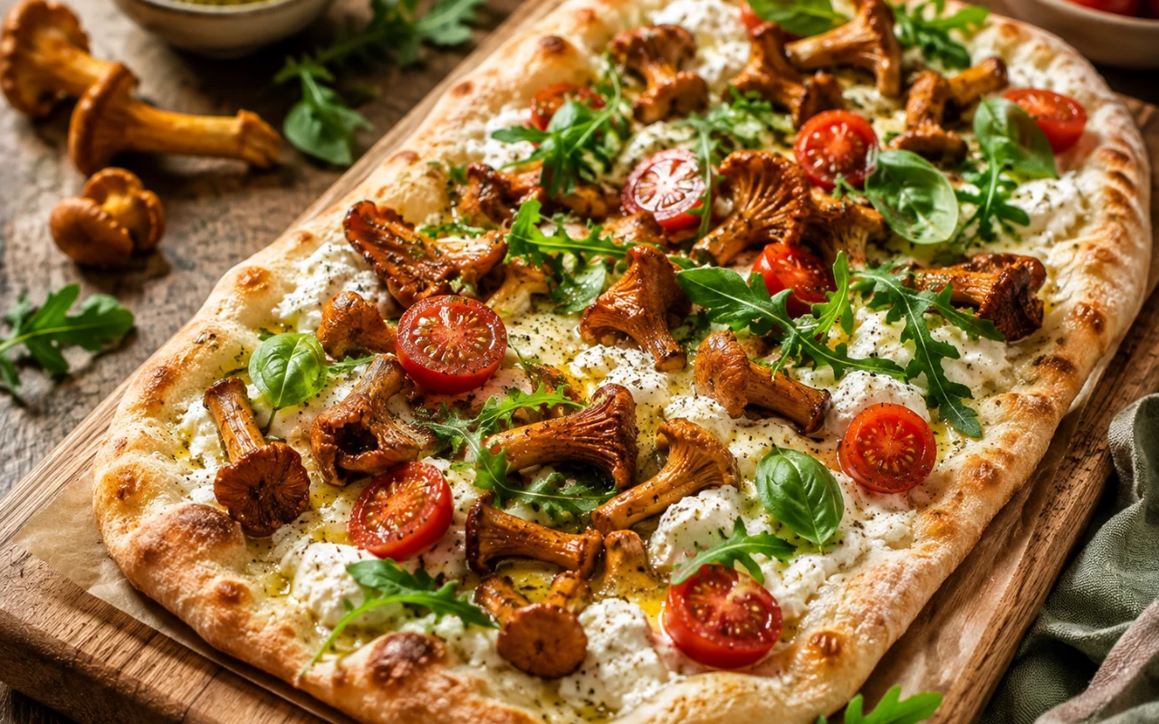 Chrupiąca pinsa z kurkami Pinsa – co to jest? Przepis na włoski placek podobny do pizzy
