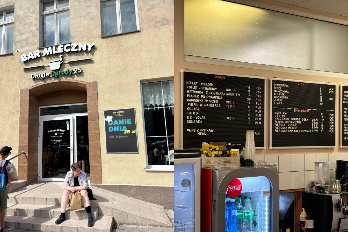 Domowe obiady w Gdańsku za mniej niż 30 zł. Te miejsca warto znać Wejście do baru mlecznego z szyldem i numerem ulicy, obok siedzi osoba, w środku wnętrze lokalu z tablicami menu, lodówką z napojami i ladą z kawą oraz herbatą.