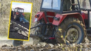 Rolnik zaorał świeżo wylany asfalt na ulicy Rybackiej w Gliwicach