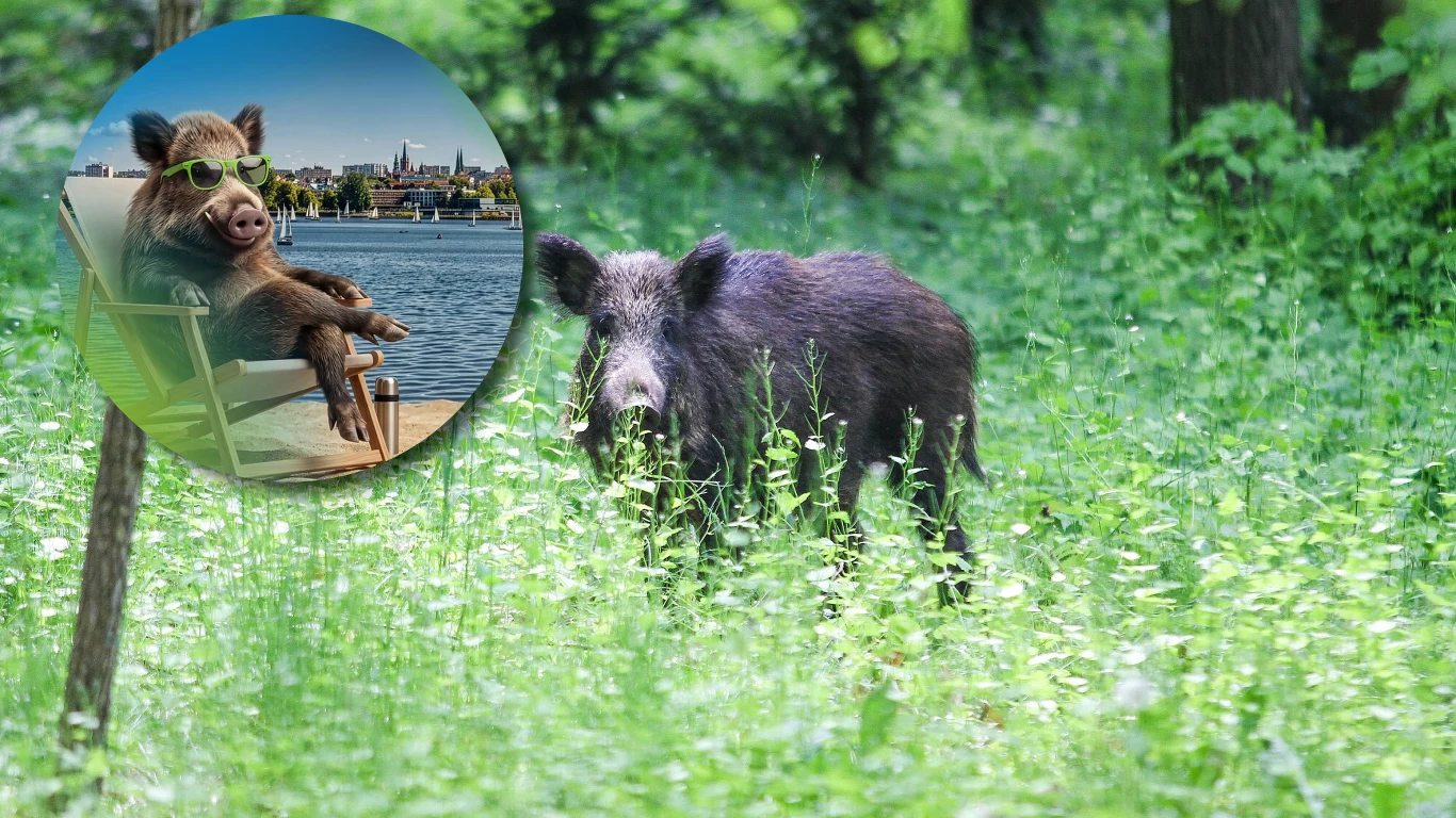 Nowa kampania promocyjna Olsztyna wykorzystuje dziki wygenerowane przez AI Dzik stojący w trawie, w okrągłym kadrze świnia w okularach na leżaku nad wodą z panoramą miasta w tle.